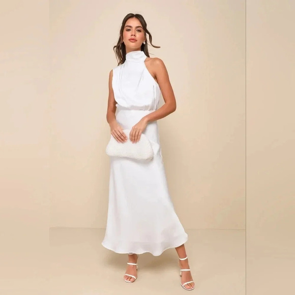 Lulus Distinctive Charm White Satin Asymmetrical Midi Dress Party Bridal Prom - Picture 2 of 9